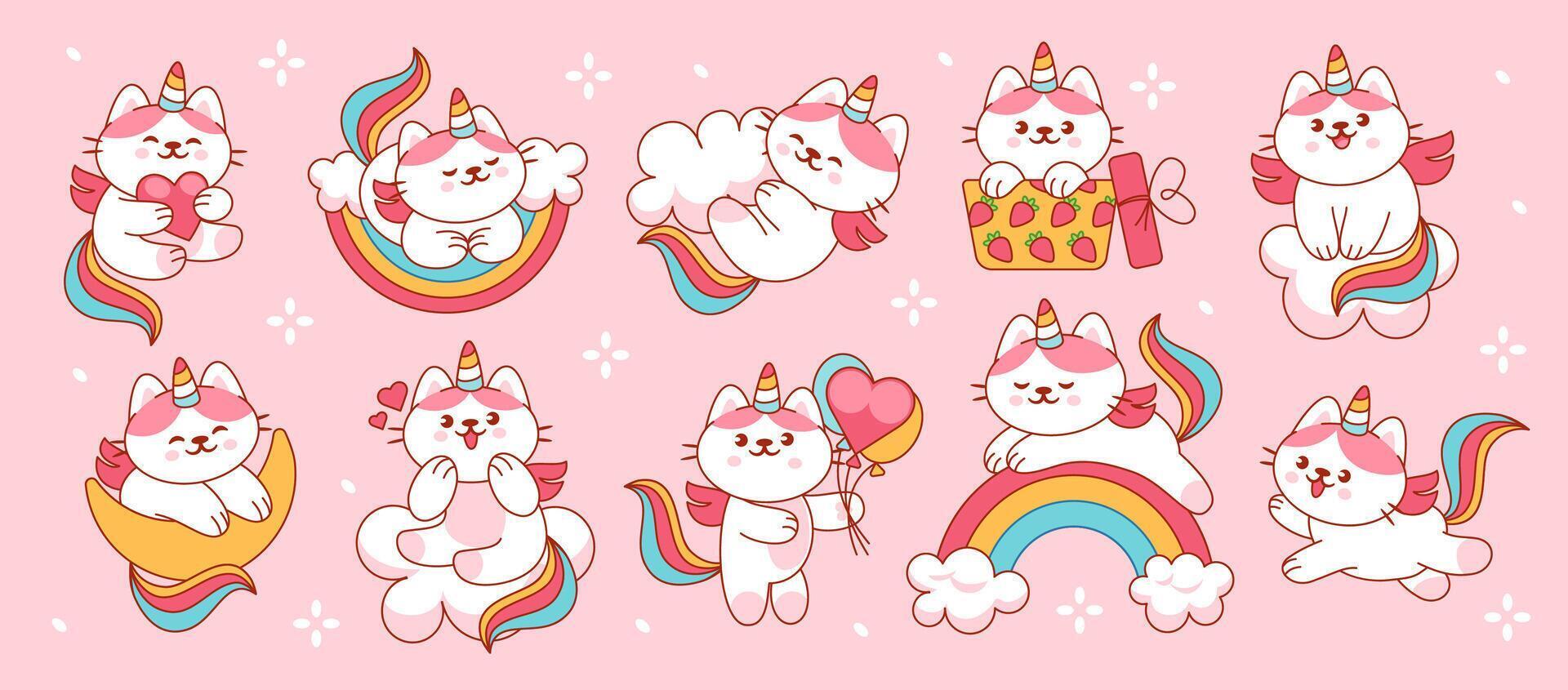 Cute unicorn cat. Kawaii kitten unicorns. Cartoon fairy tale little caticorns on rainbow, on cloud. Doodle fantasy baby animal characters. Funny Meow stickers vector