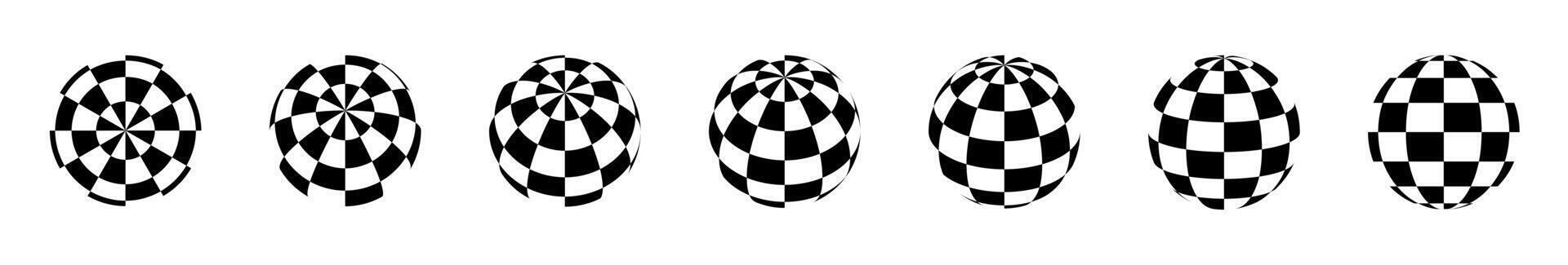 Checkered 3d globe. Abstract chess spheres. Brutalist Y2K geometric shapes elements. Black and white checkered texture on dynamic circle forms. Chess cells. pattern set vector