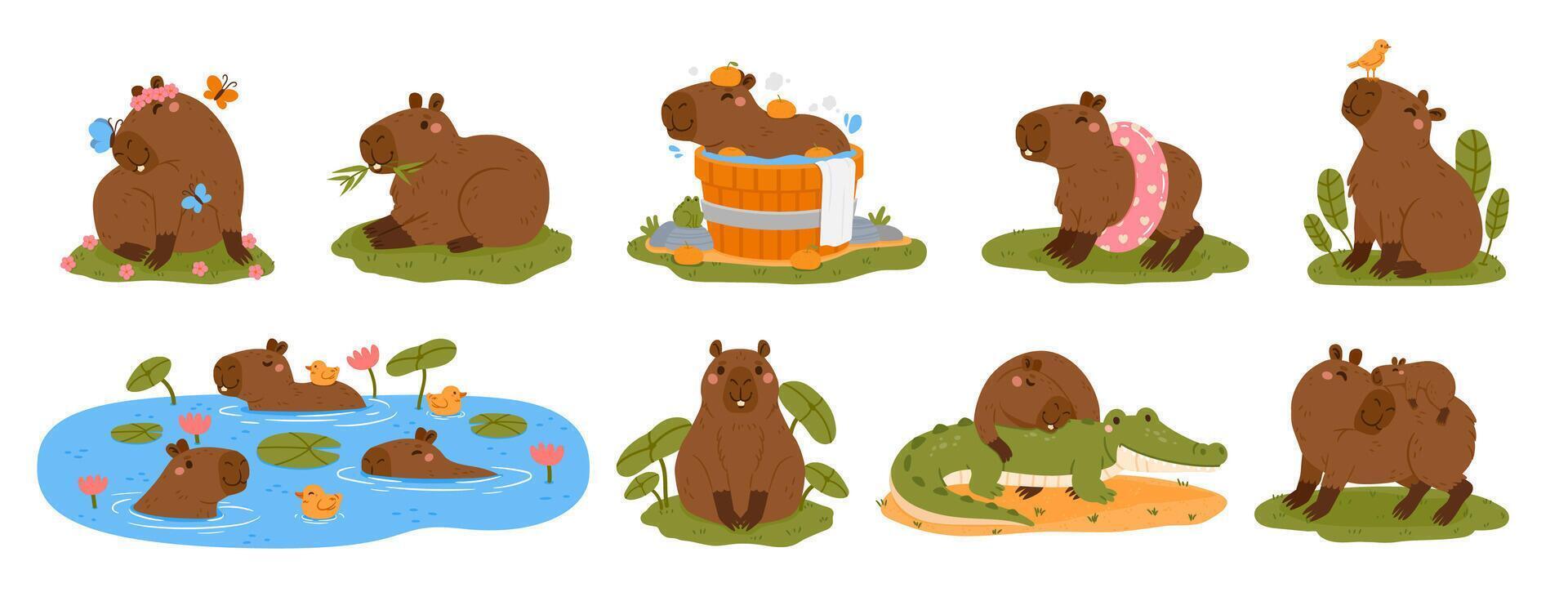 Cute capybaras. Cartoon capybara characters. Funny rodent in various poses and expressions. Animal swimming, playing, eating, relaxing. Kids happy mammal set vector