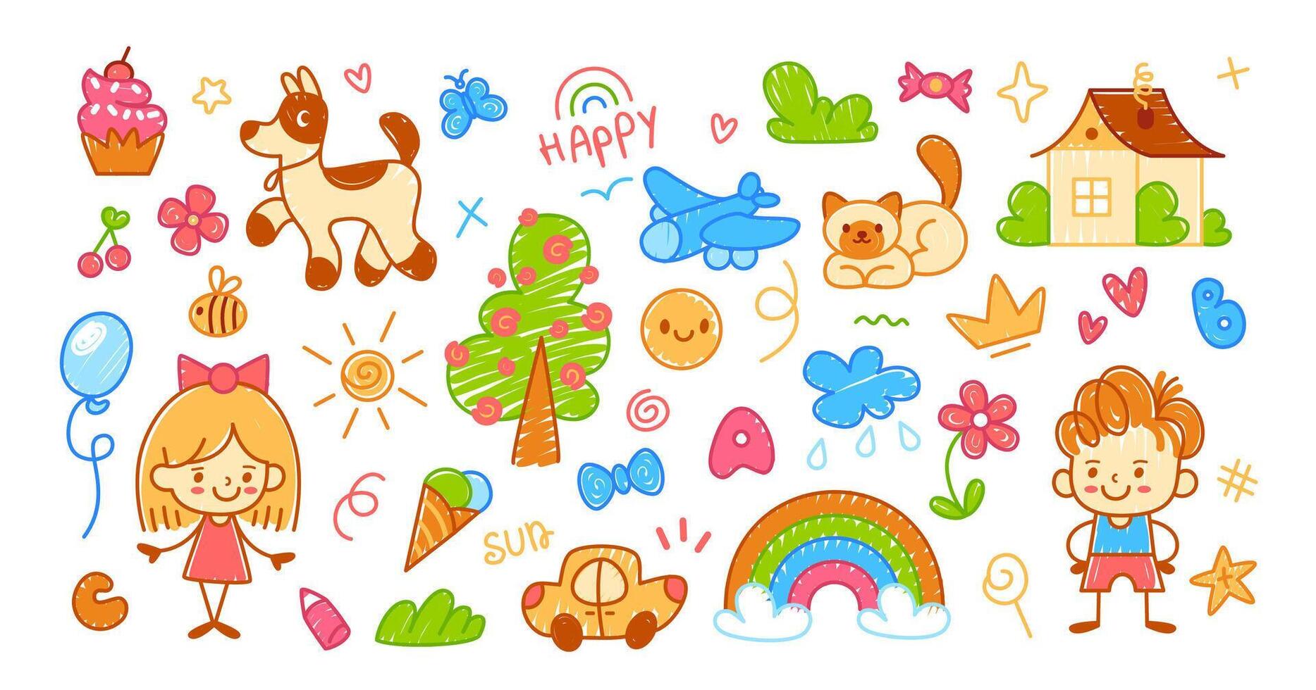 Child drawings. Hand drawn cute kids illustrations. Funny crayon picture with sun and house. Pastel doodle colorful drawing objects, trees, people. set vector