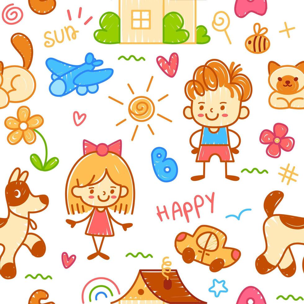 Child painting pattern. Creative kids painting seamless print with sun, cloud, dog, cat. Wallpaper with doodle pencil illustration. crayon background vector