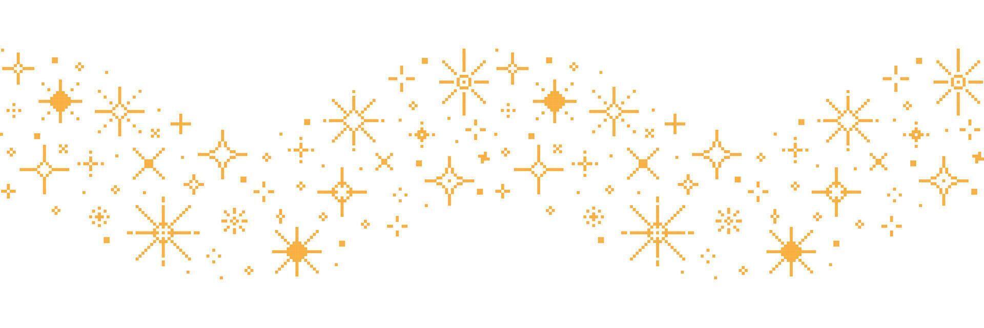 Pixel stars border. Seamless golden sparkle background. Retro game 8bit pixel wavy banner. Space glitter, sparkles for games. Sky shining elements. concept vector