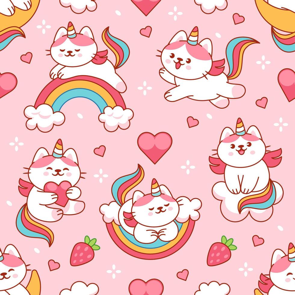 Cat unicorn pattern. Caticorn Seamless background with cute magic elements. Kawaii fantasy baby kitten with funny cats. Cartoon texture with sweet animals. prints vector