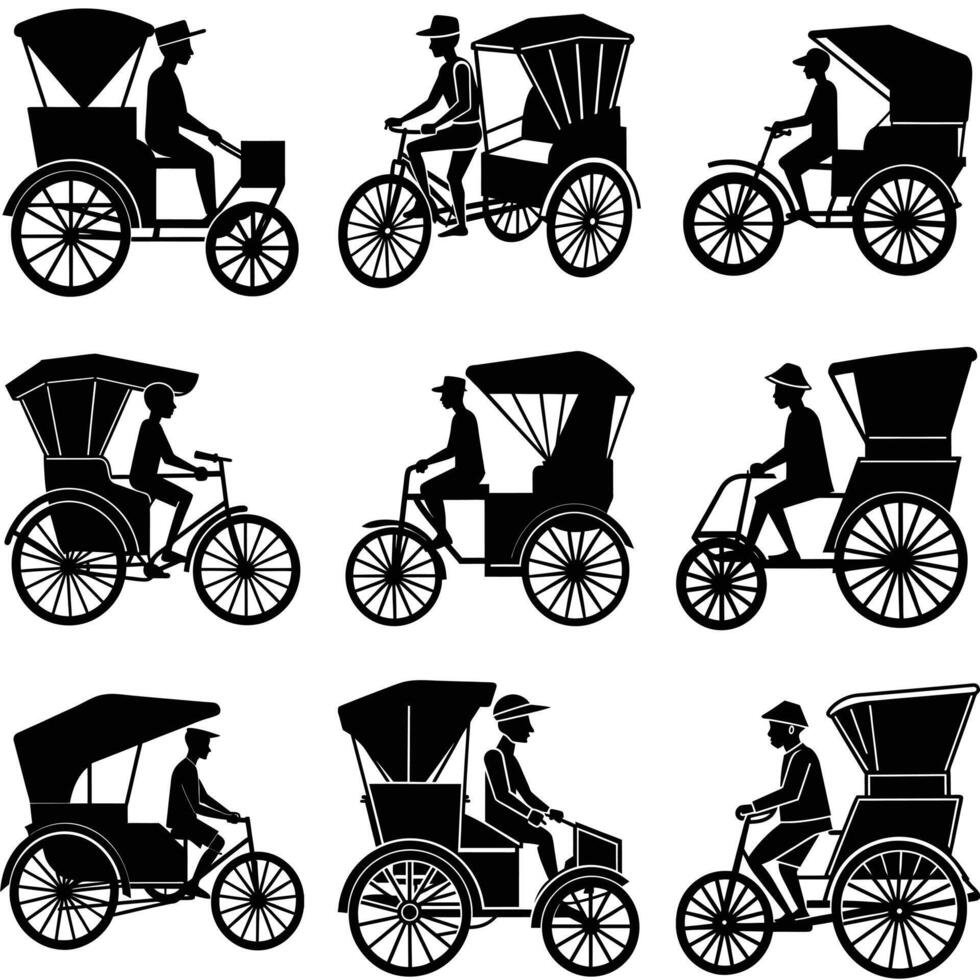 Set of rickshaw puller silhouette vector