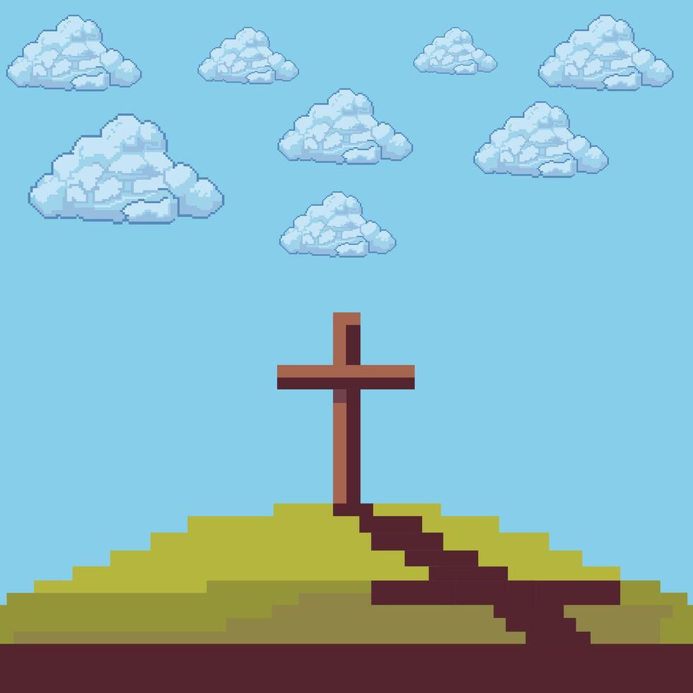 Golgotha Hill in Pixel Art with blue calm background vector