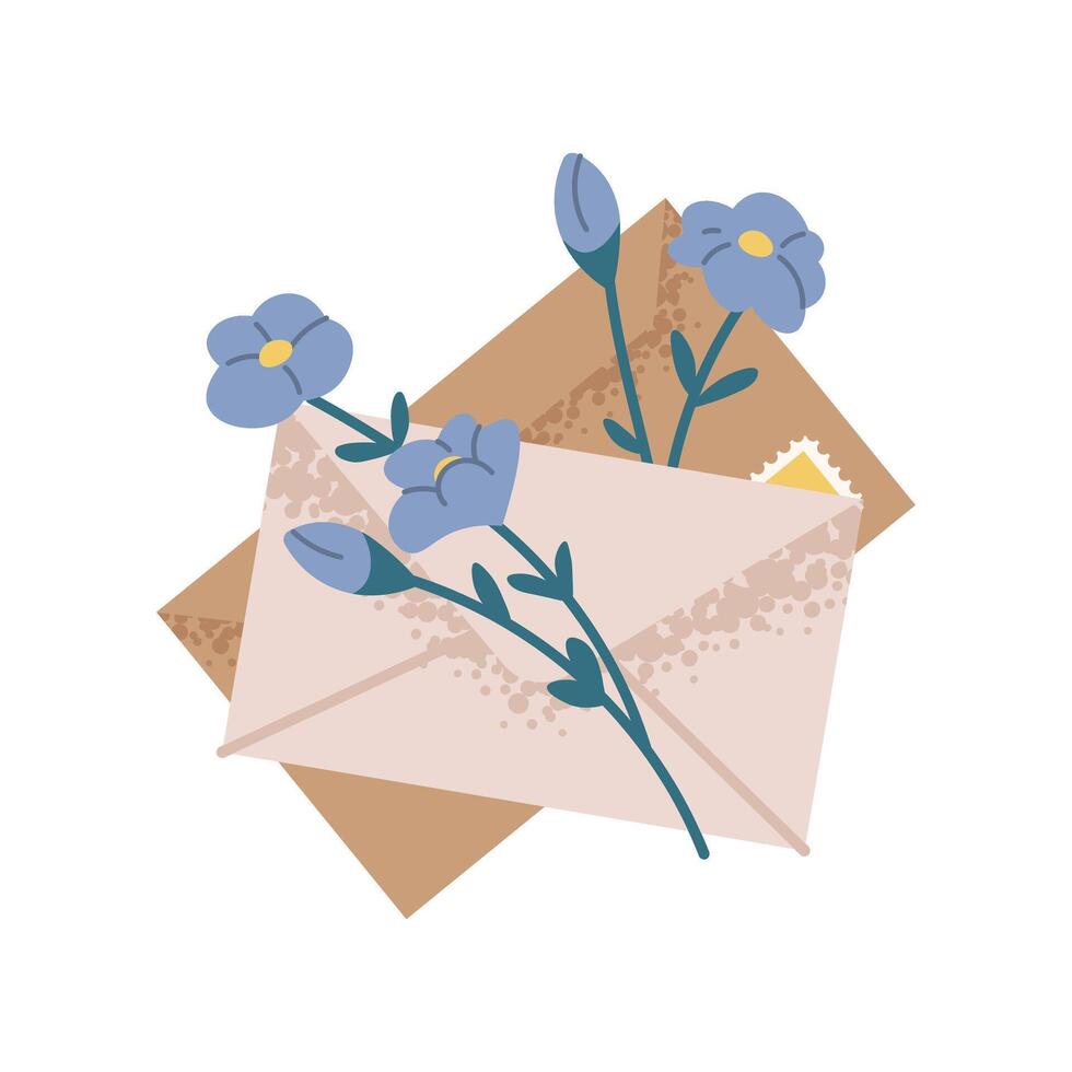 Floral envelope on white background. Stack of mail letters with bouquet of forget-me-nots. Gift for Mother's Day, woman, lovers. isolated element vector