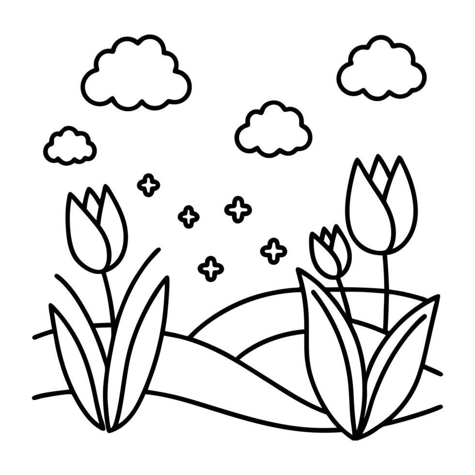 Black and white illustration of tulips in a spring landscape. vector