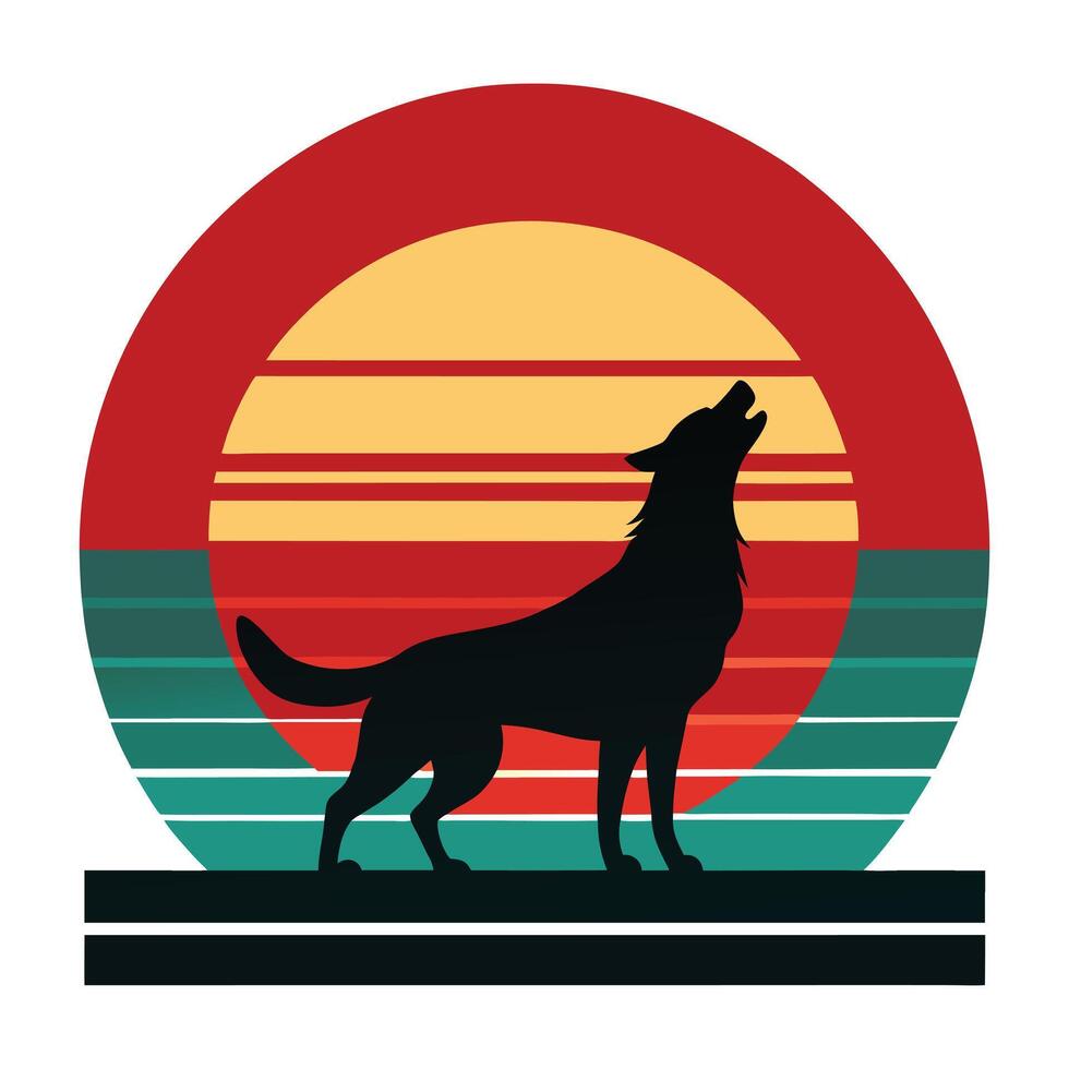 Silhouette of a howling wolf at sunset, vintage style. vector
