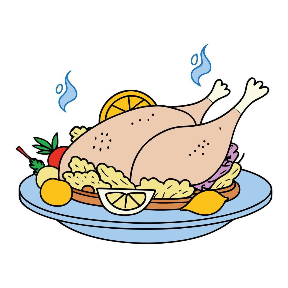 Roasted chicken dinner illustration on a plate vector