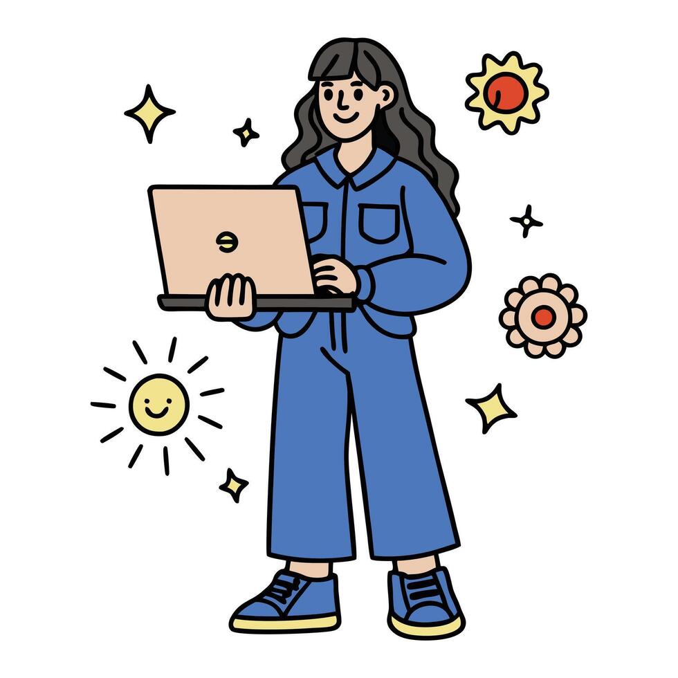 Smiling woman working on a laptop, surrounded by positive imagery. vector
