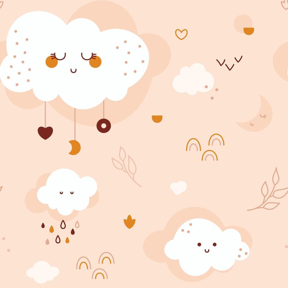 Gender neutral bohemian baby seamless pattern with kawaii cloud leaves rainbows moon heart. vector