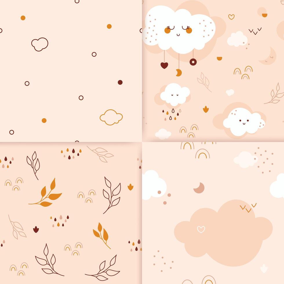 Four bohemian nursery seamless patterns. Gender neutral color repeating pictures with kawaii leaves rainbows moon heart star. vector