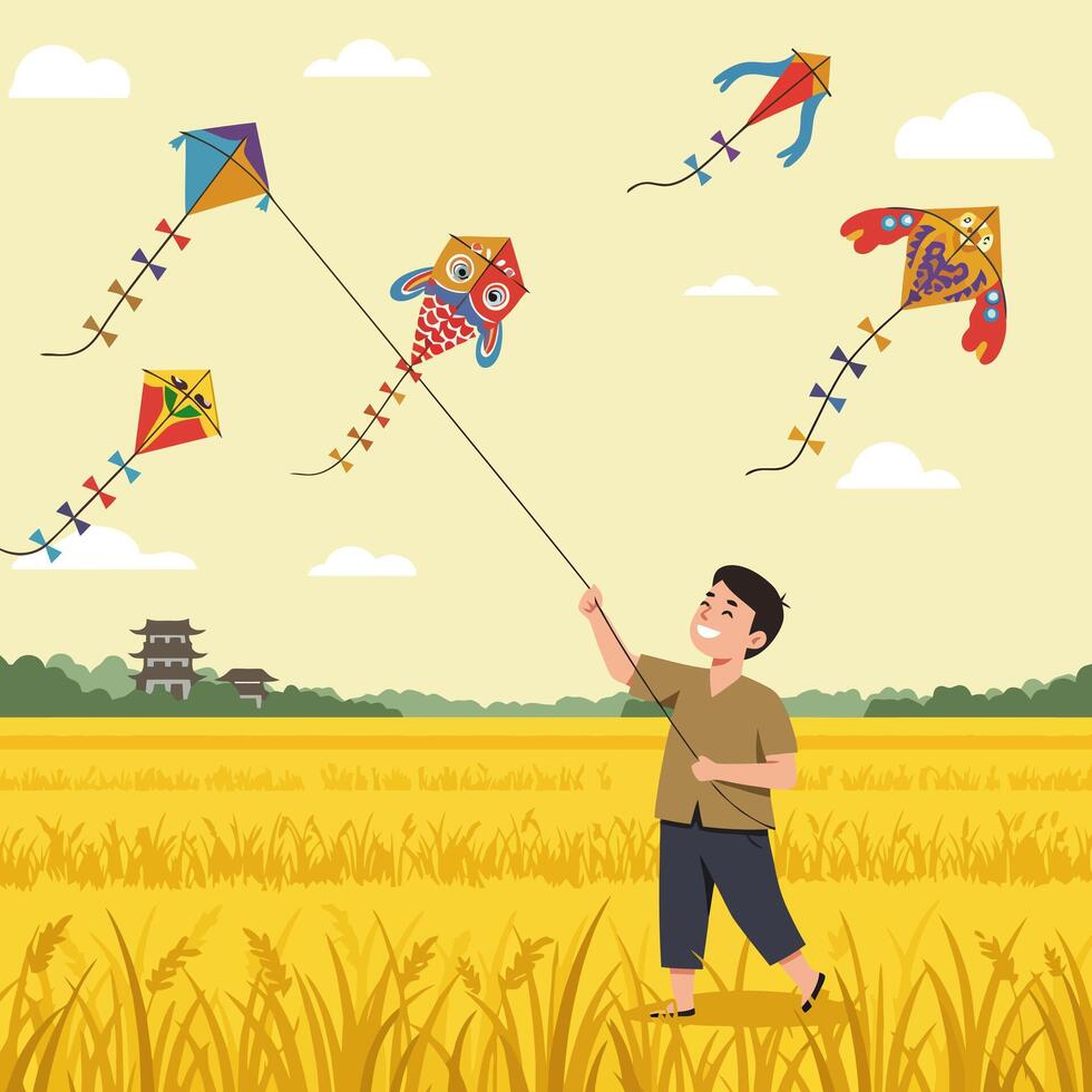 Boy Flying Colorful Kites in a Field with Traditional Building vector