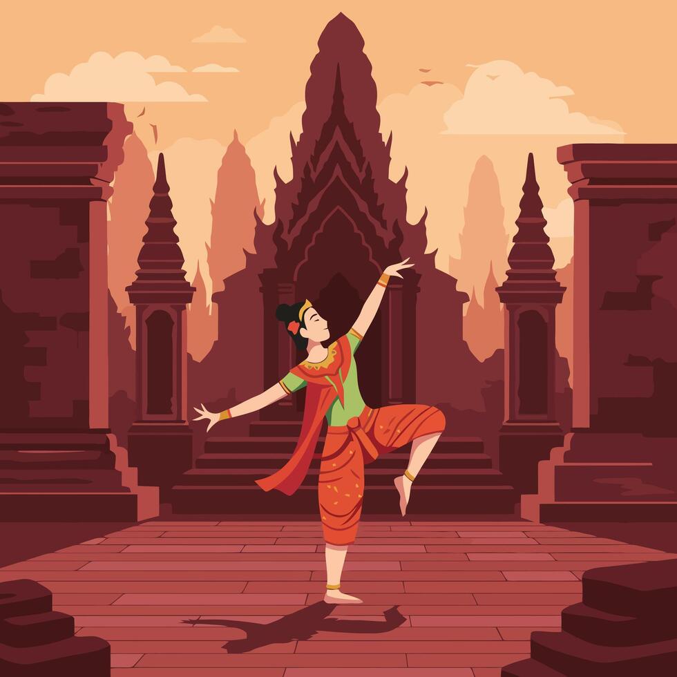 Woman Performing Traditional Dance at Ancient Temple with Warm Sunset Hues vector