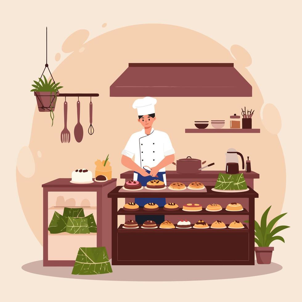 Chef Preparing Sweet Pastries in a Bakery Setting Illustration vector