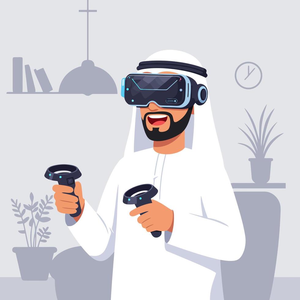 Man Experiencing Virtual Reality with Headset and Controllers at Home vector