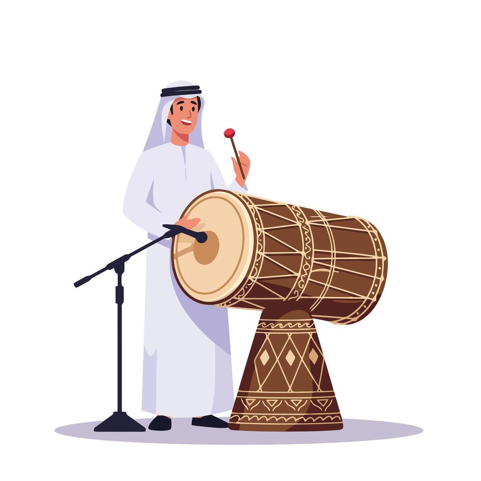 Man Playing Percussion Drum with Stick in Cultural Outfit Illustration vector
