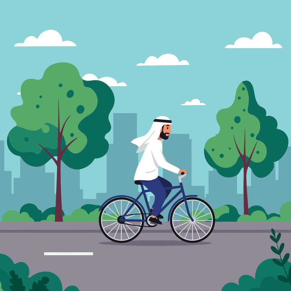 Man Cycling in City Park with Buildings and Green Trees vector