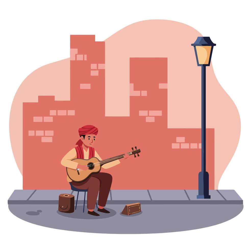 Man Playing Guitar on City Street with Buildings and Lamppost vector