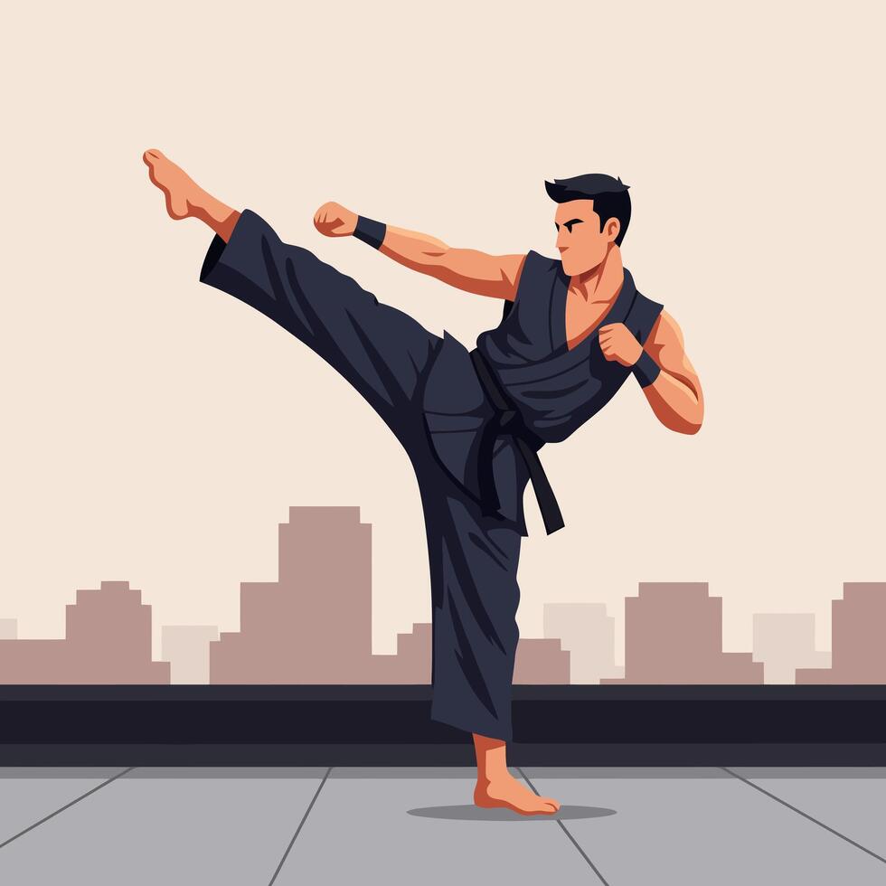 Man Practicing Martial Arts Kick on Rooftop with Urban Skyline vector