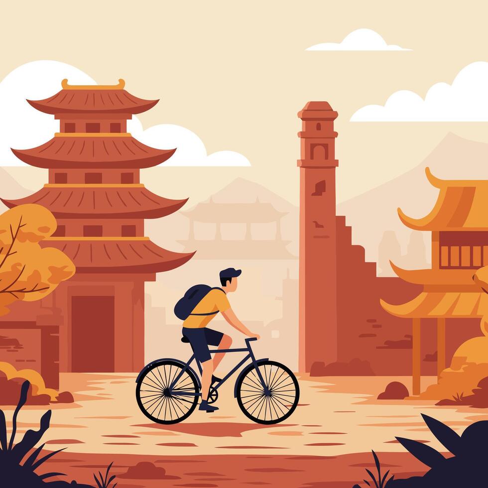 Man Riding Bicycle Near Ancient Buildings Scenic Travel Illustration vector