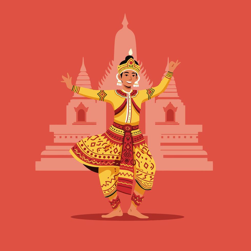 Traditional Dancer Performing with Ancient Architectural Backdrop in Elegant Style vector