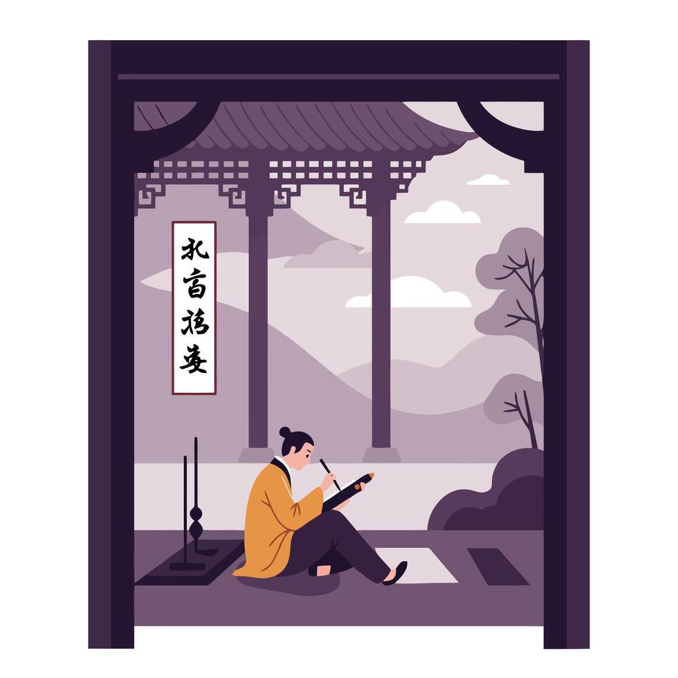 Person Writing in Pavilion with Chinese Calligraphy and Landscape View vector