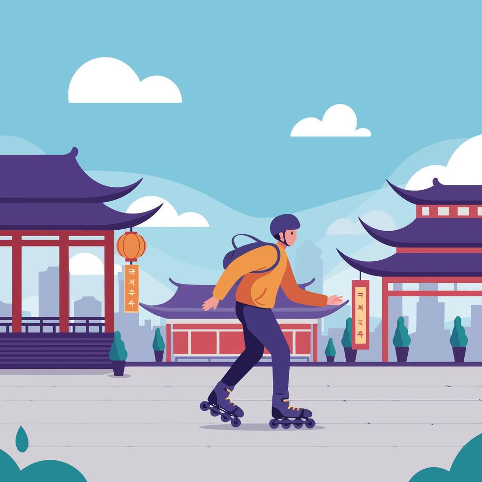 Person Roller Skating Near Asian Style Buildings on Sunny Day vector