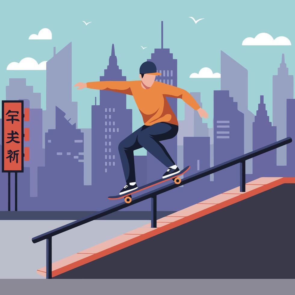 Skateboarder Grinding Rail in Urban Cityscape Illustration with Bird vector
