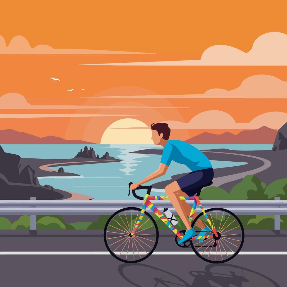 Man Cycling Along Coastal Road with Sunset Over the Ocean vector