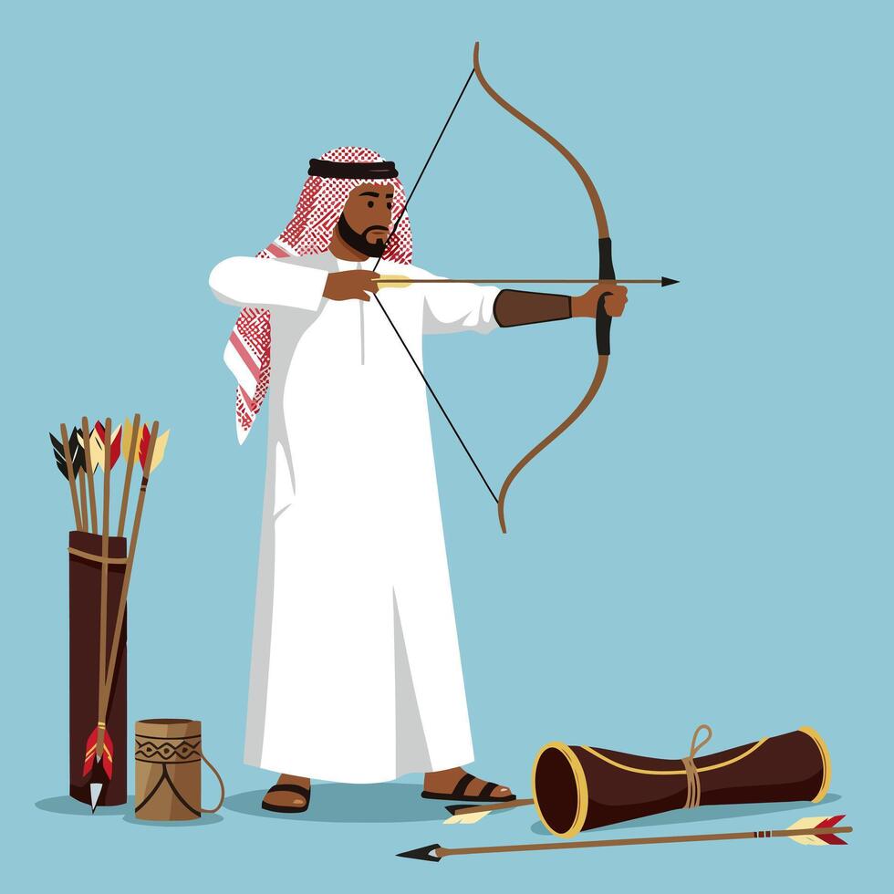 Man in Traditional Dress Aiming Bow and Arrow with Focus vector