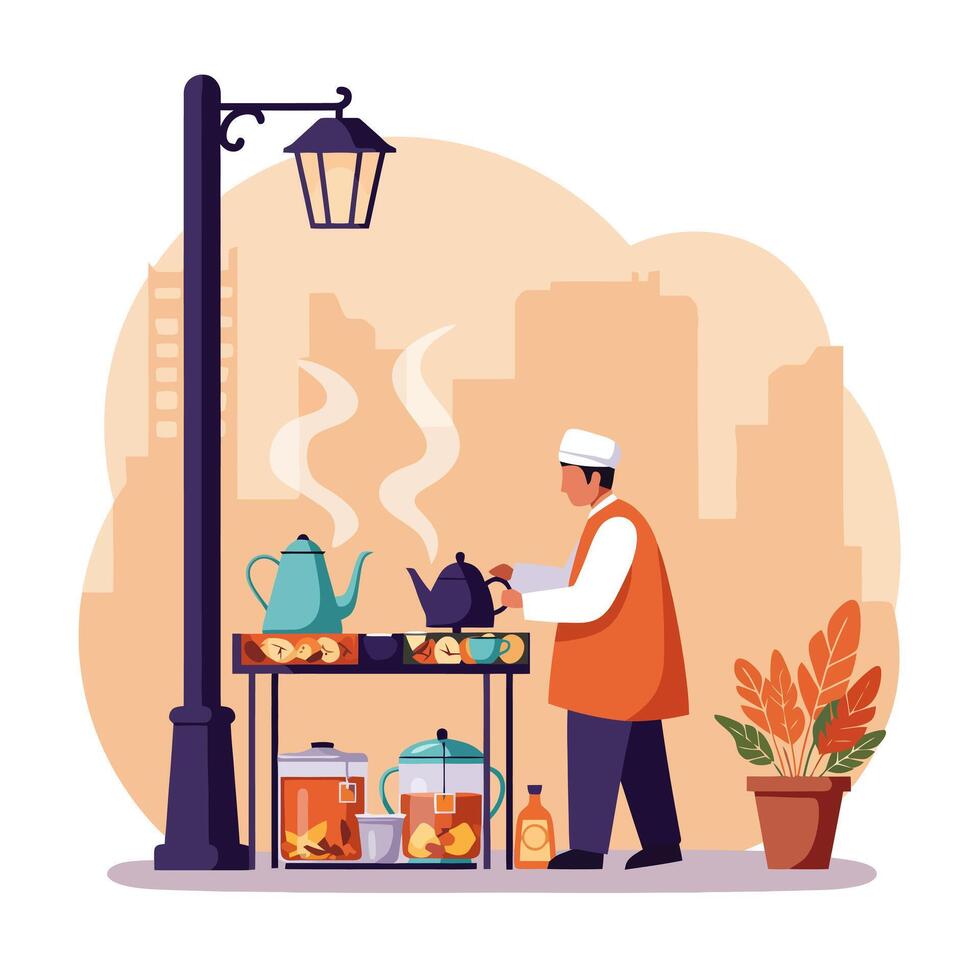 Man Pouring Tea From Kettle at Street Vendor Stall Illustration vector