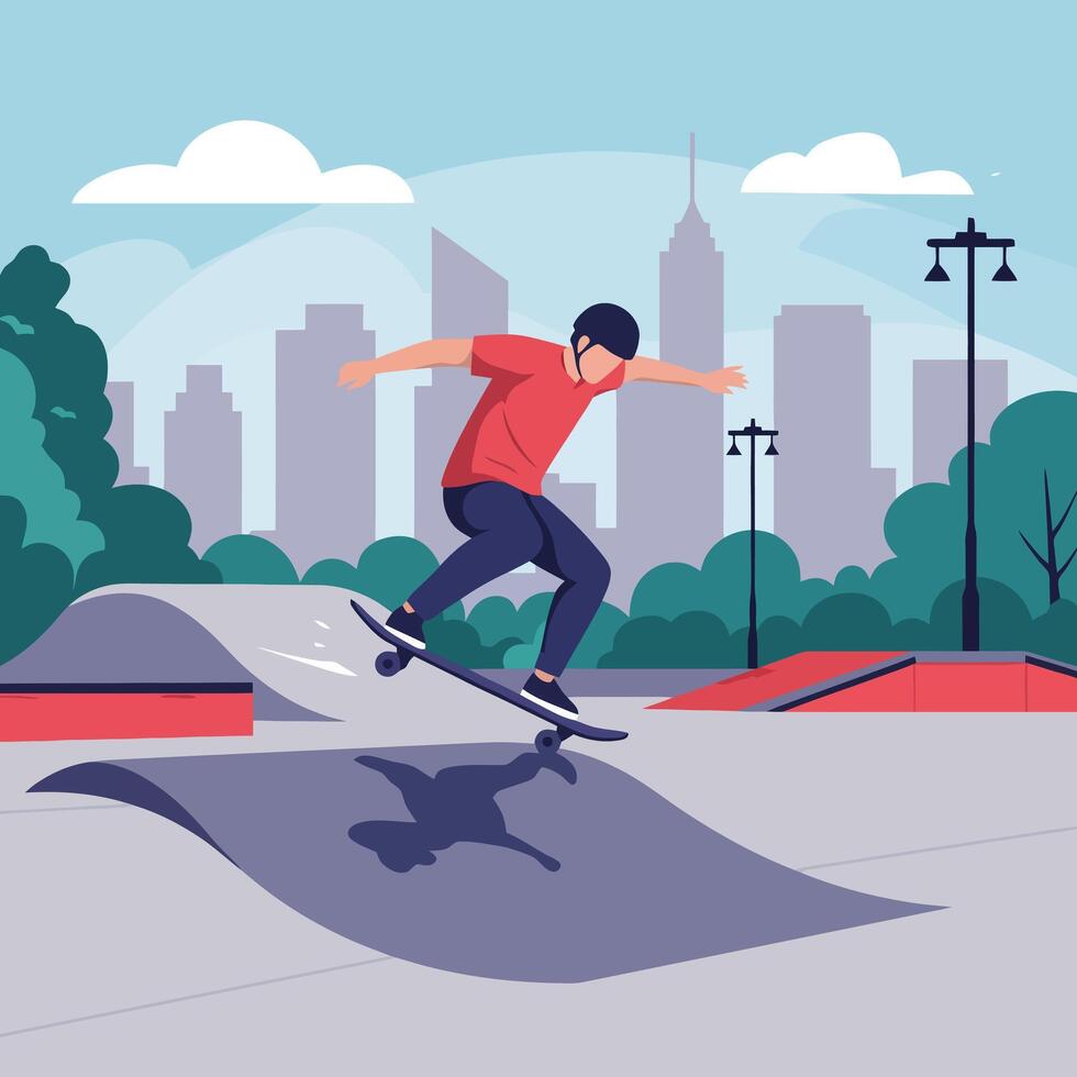 Person Skateboarding at Skate Park in Urban City Background Scene vector