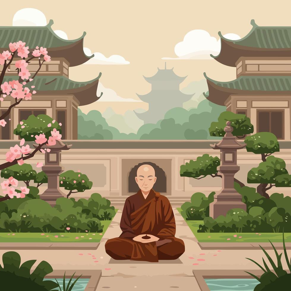 Meditating Monk in a Serene Temple Garden with Cherry Blossoms vector