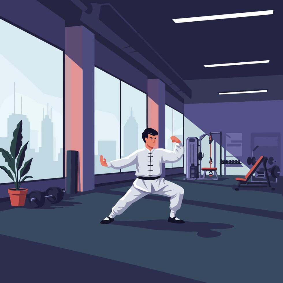 Man Practicing Martial Arts in Gym with Cityscape View vector