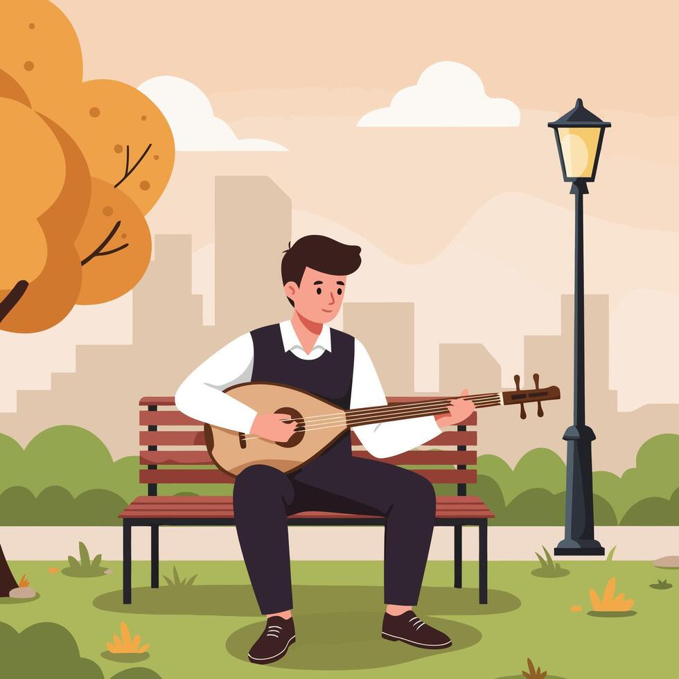Man Playing Stringed Instrument on Bench in Park Illustration vector