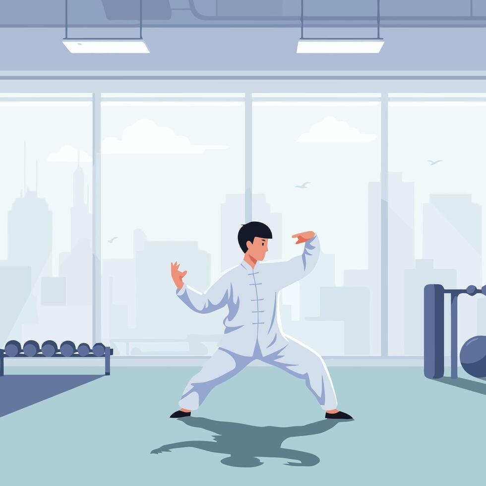Man Practicing Tai Chi in Gym with City View Backdrop vector