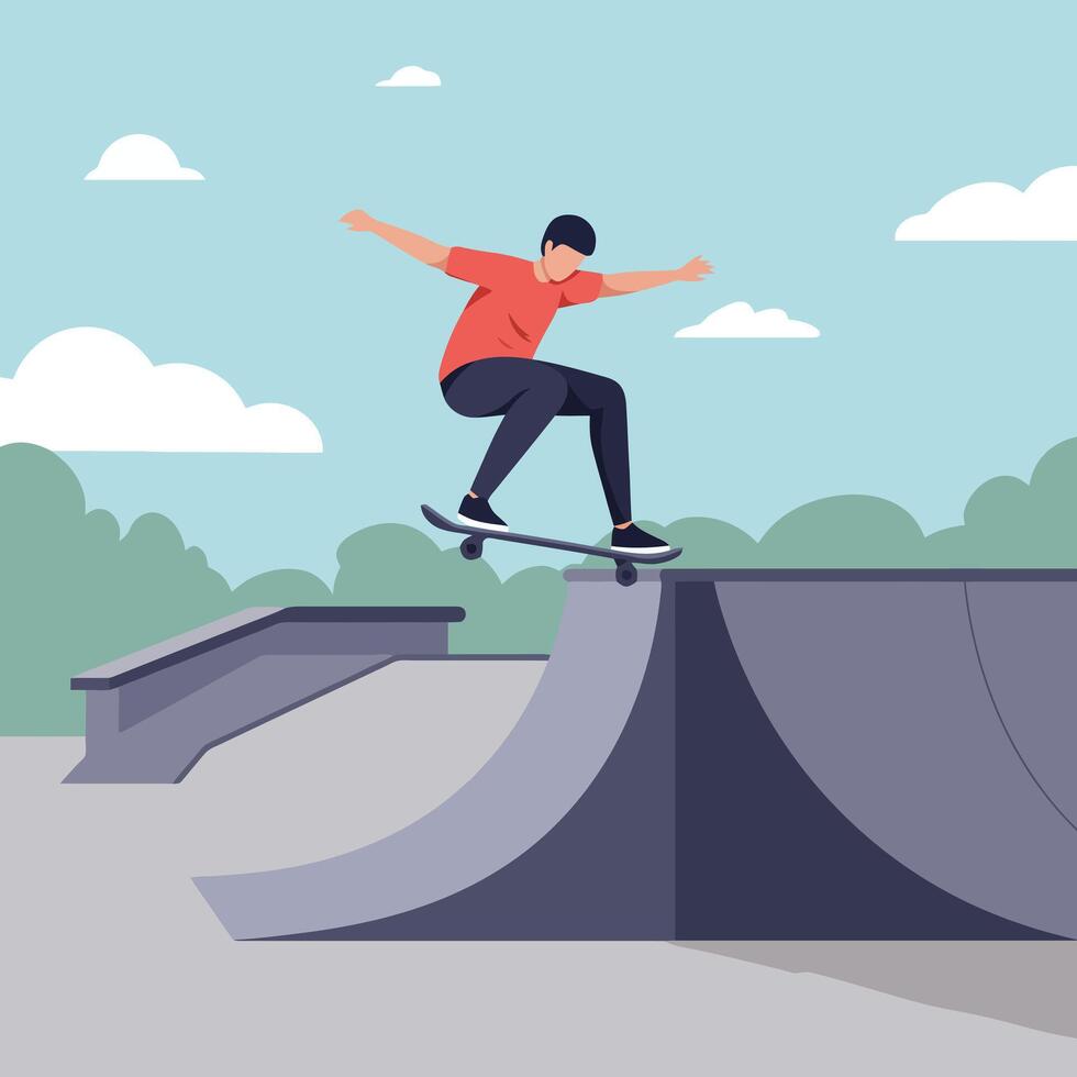 Skateboarder Performs Trick on Ramp in Skatepark with Cloudy Sky vector