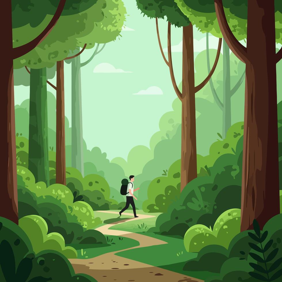 Person Hiking Scenic Forest Trail with Backpack Through Green Woods vector