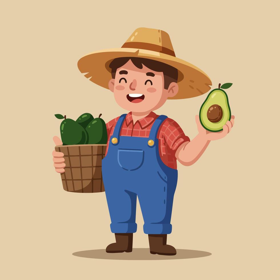 Cartoon Farmer Holding Basket and Avocado Fruit with Happy Expression vector