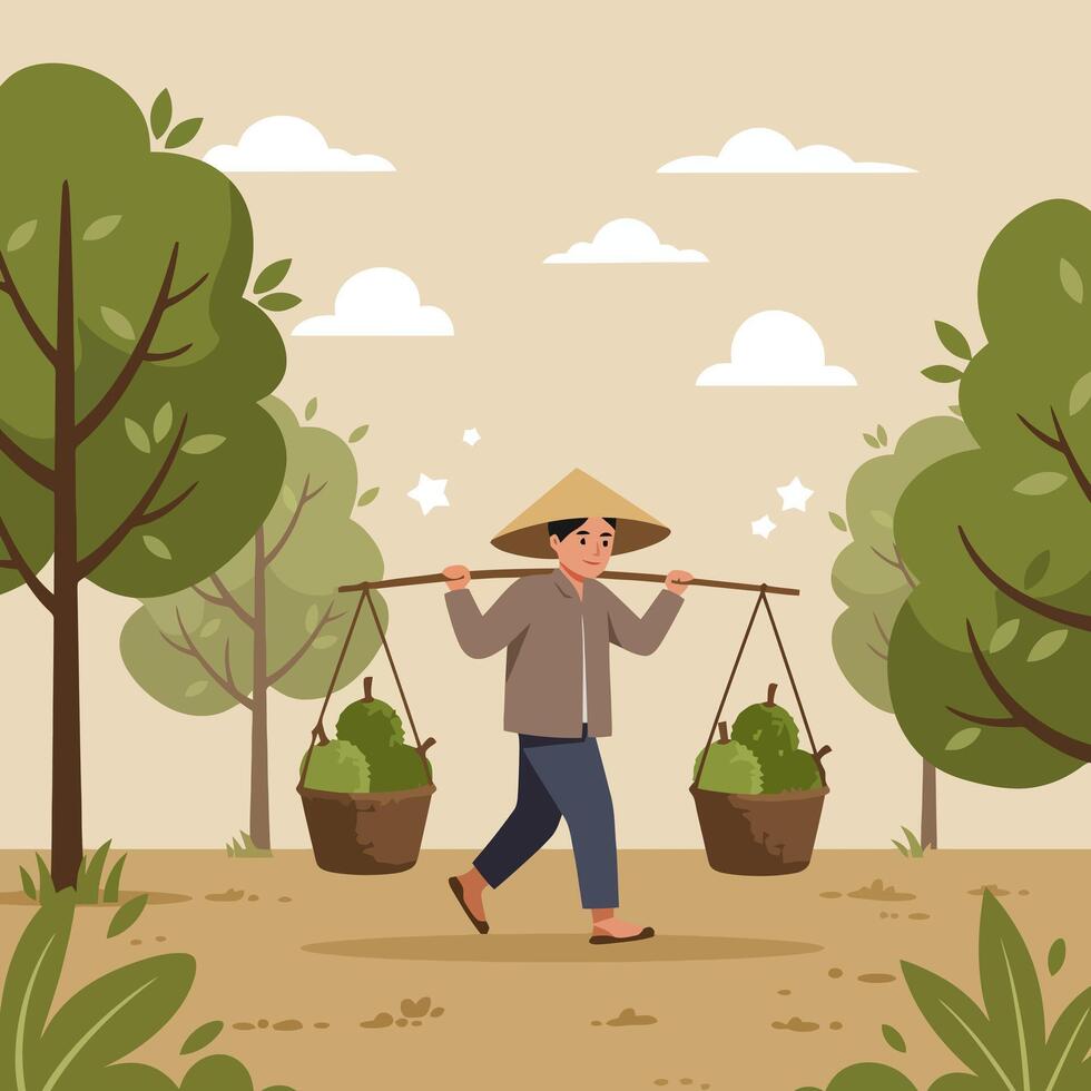 Man Carrying Baskets of Fruit with Shoulder Pole in Rural Setting vector