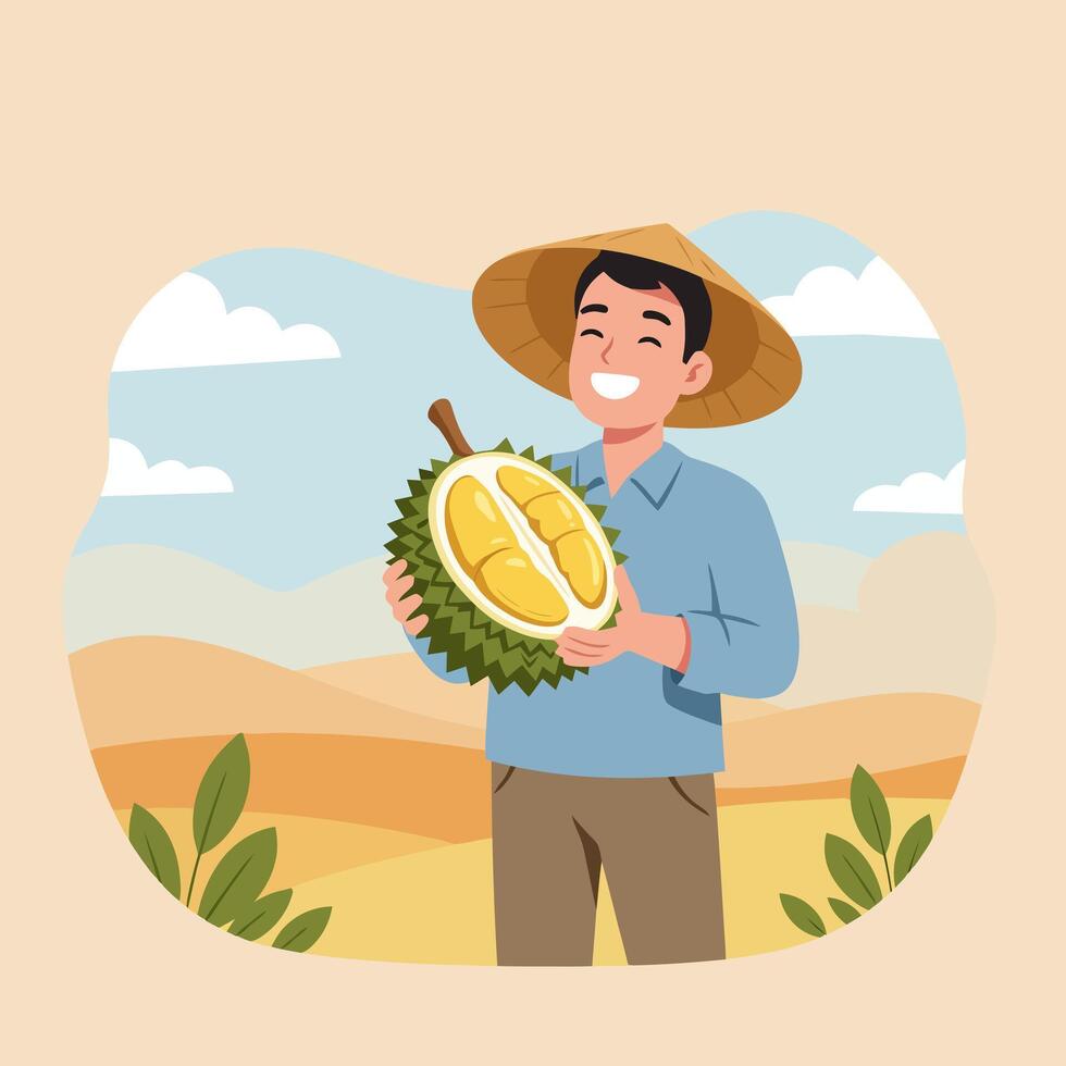 Person Holding Cut Durian Outdoors with Hat Smiling Illustration vector