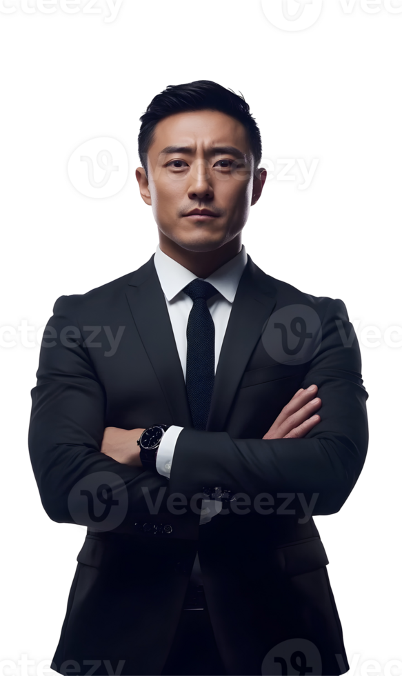 Confident Asian Businessman in a Stylish Suit Posing with Crossed Arms and Watch Accessory png
