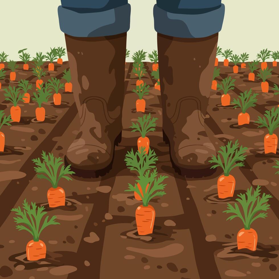 Walking Through Carrot Field with Boots Illustration Agricultural Harvest vector