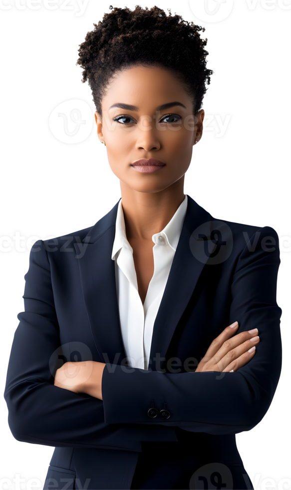 Confident female professional, arms crossed, poised and ready for a bright career future png