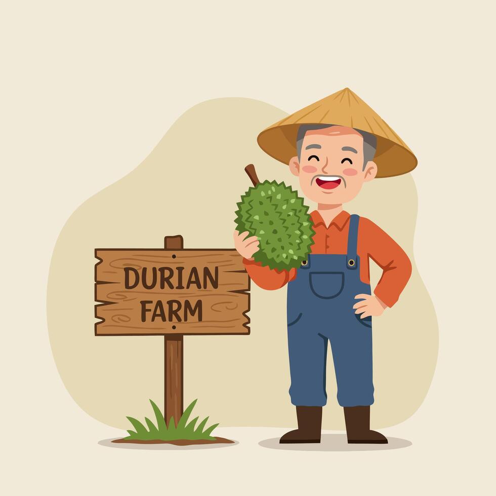 Farmer Holding Durian Fruit Next to Farm Sign with Happy Expression vector