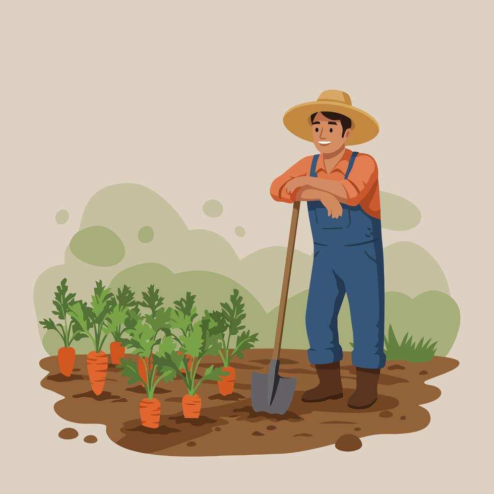 Farmer Resting After Planting Carrots in Garden with Shovel vector