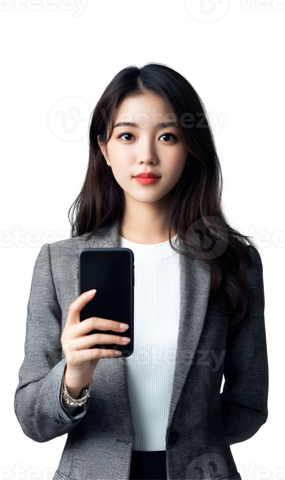 Charming woman holding smartphone, portraying executive presence and technological engagement png
