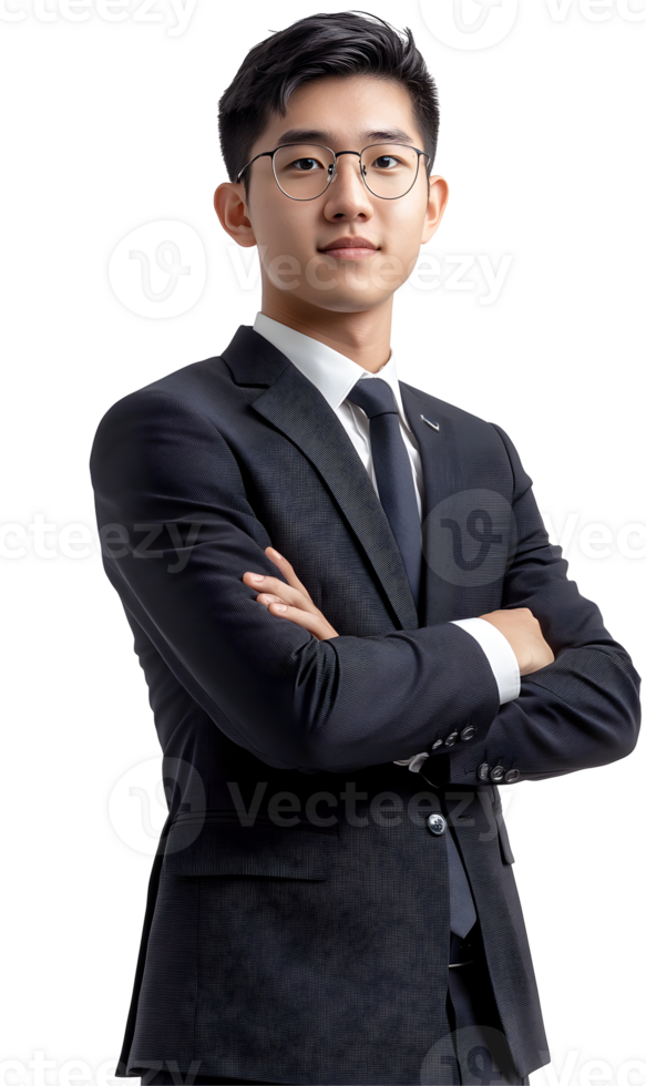 Confident young asian professional in formal attire with arms crossed and optimistic look png