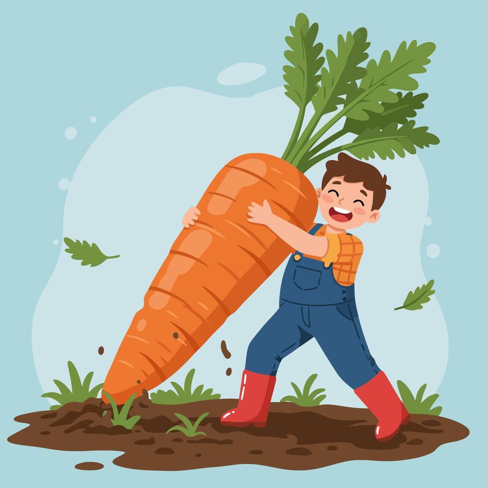 Boy Hugging Giant Carrot Illustration in a Garden Cartoon Style vector